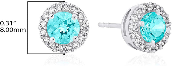 .925 Sterling Silver Birthstone and Lab Grown White Sapphire or CZ Halo Stud Earrings - Choice of Gem Color/Month