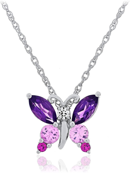 .925 Sterling Silver, Marquise Cut Purple Amethyst & Created Pink and White Sapphire Butterfly Pendant Necklace with Rope Chain - 20”