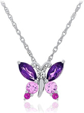.925 Sterling Silver, Marquise Cut Purple Amethyst & Created Pink and White Sapphire Butterfly Pendant Necklace with Rope Chain - 20”