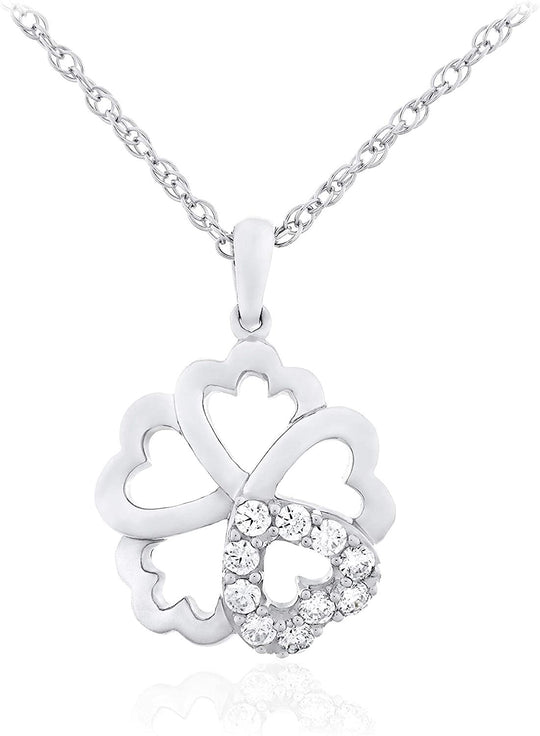 .925 Sterling Silver White Cubic Zirconia Cherry Blossom Flower with Hearts Pendant Necklace with Rope Chain - 20"