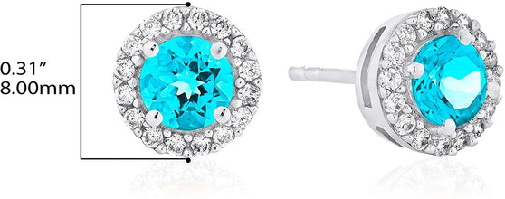 .925 Sterling Silver Birthstone and Lab Grown White Sapphire or CZ Halo Stud Earrings - Choice of Gem Color/Month