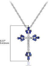 .925 Sterling Silver Trapezoid Shaped Lab-Grown Blue Sapphire & Round Lab-Grown White Sapphire Flared Cross Pendant Necklace - 18”