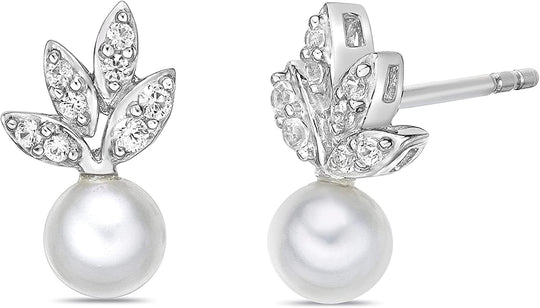 .925 Sterling Silver, 5.5mm White Freshwater Cultured Button Pearl & Lab Grown White Sapphire Fruit Drop Studs Leafy Pushback Stud Earrings