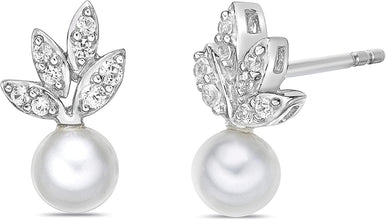 .925 Sterling Silver, 5.5mm White Freshwater Cultured Button Pearl & Lab Grown White Sapphire Fruit Drop Studs Leafy Pushback Stud Earrings