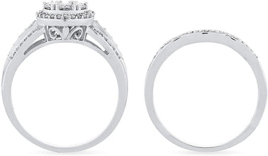 10K White Gold 3/4 Cttw Diamond Cluster Halo 3 Row Split Shank Engagement Ring & Wedding Band Bridal Set (H-I Color, I1-I2 Clarity)