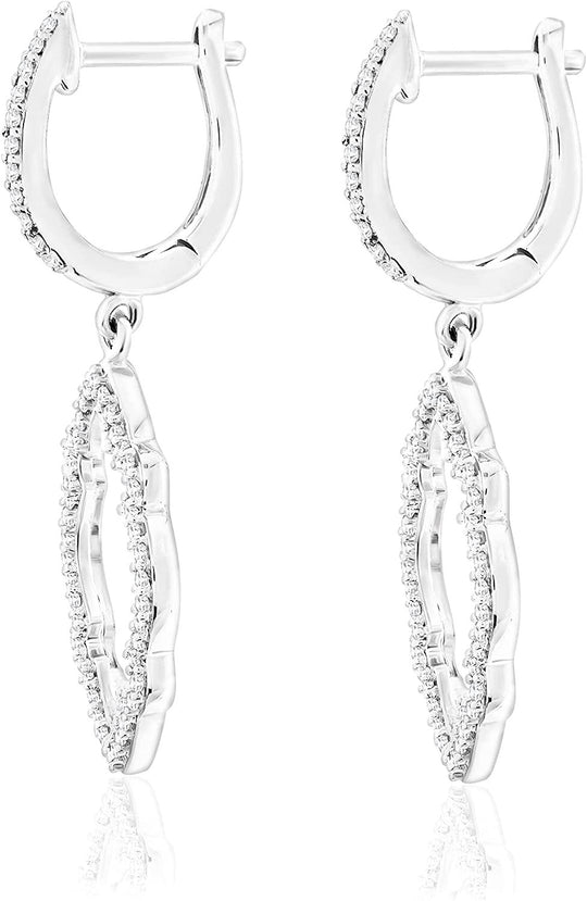 .925 Sterling Silver 1/3 Cttw Diamond 1-1/2" Long Hoops with Dangling Elongated Quatrefoil Shape Huggie Earrings (I Color, I3 Clarity)