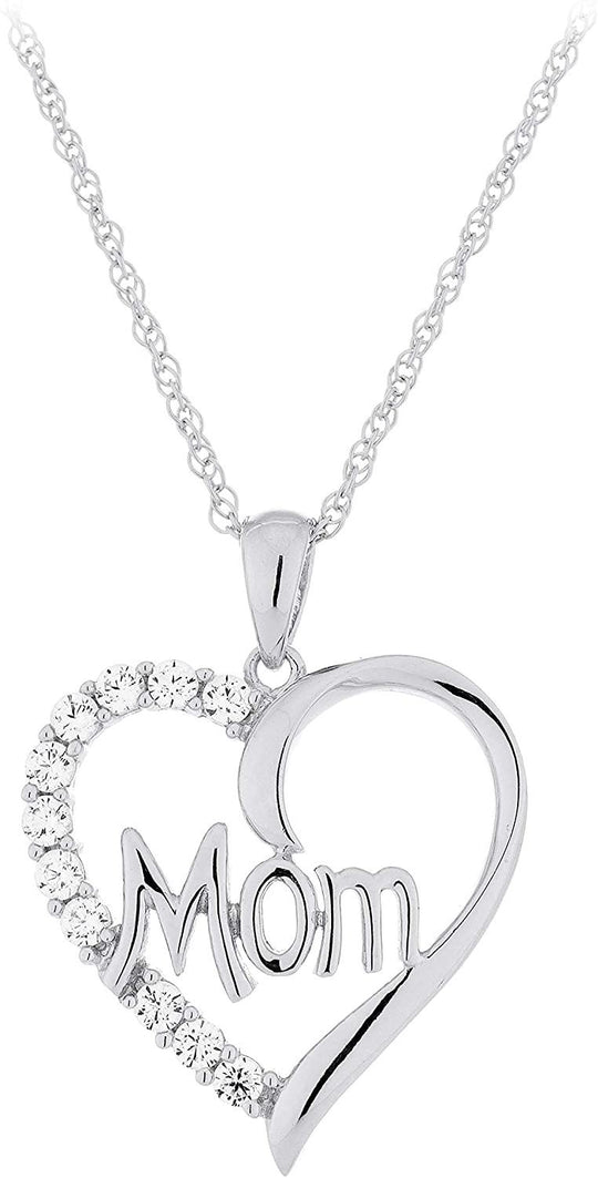 .925 Sterling Silver Cubic Zirconia Mom Heart Pendant Necklace with 18" Rope Chain