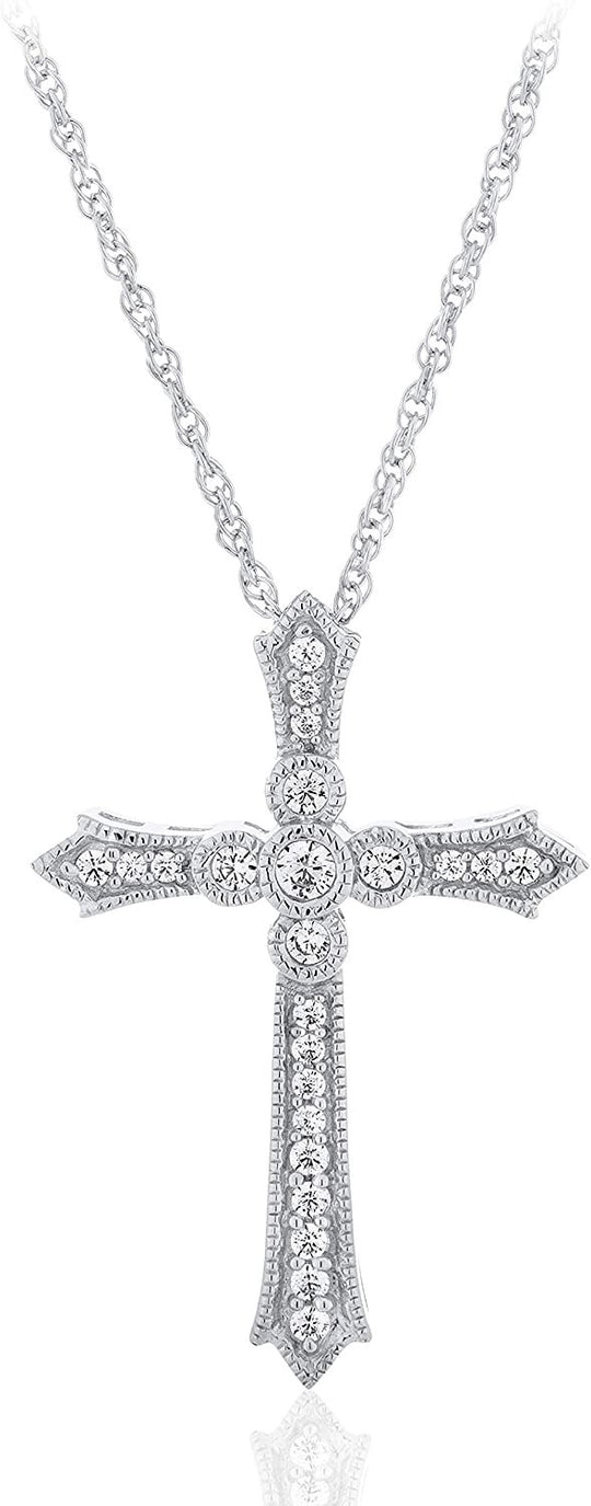 .925 Sterling Silver Cubic Zirconia Milgrain Edged Passion Flared Trinity Cross Pendant Necklace with 18" Rope Chain
