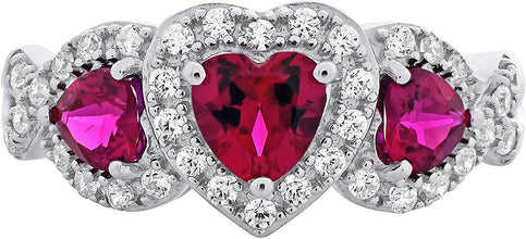 .925 Sterling Silver, Heart Cut Lab-Grown Ruby & Round Cubic Zirconia 3 Heart Split Shank Engagement or Anniversary Ring