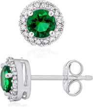 .925 Sterling Silver Birthstone and Lab Grown White Sapphire or CZ Halo Stud Earrings - Choice of Gem Color/Month