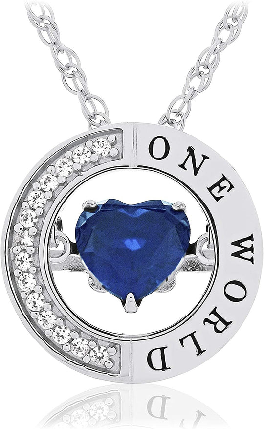 .925 Sterling Silver, Heart Cut Lab-Grown Blue Sapphire & Lab-Grown White Sapphire Dancing Heart “One World” Peace Pendant Necklace - 18”