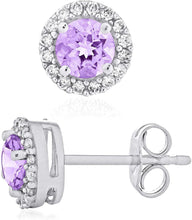 .925 Sterling Silver Birthstone and Lab Grown White Sapphire or CZ Halo Stud Earrings - Choice of Gem Color/Month