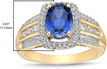 10K Yellow Gold, Lab Created Oval Gemstone & Lab Created White Sapphire Cushion Halo Fluted Filigree Cathedral Style Engagement Ring - Choice of Color