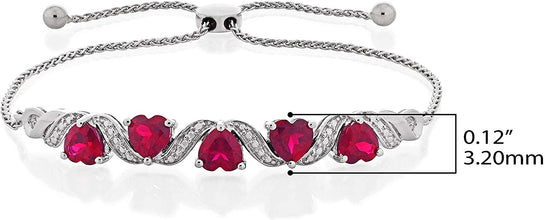 .925 Sterling Silver Heart Shape Lab Created Ruby Adjustable Bolo Bracelet