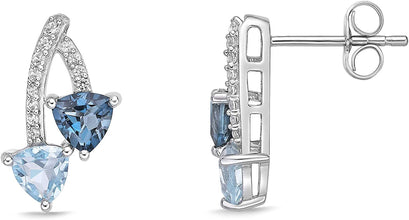 .925 Sterling Silver, Trillion Cut Swiss Blue Topaz and London Blue Topaz & Lab Grown White Sapphire 5/8