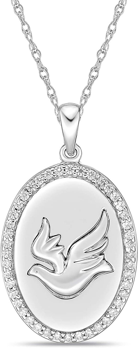 .925 Sterling Silver Cubic Zirconia Engraved Dove with Message “I am essential” Essential Worker Appreciation Oval Pendant Necklace - 20”