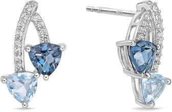 .925 Sterling Silver, Trillion Cut Swiss Blue Topaz and London Blue Topaz & Lab Grown White Sapphire 5/8