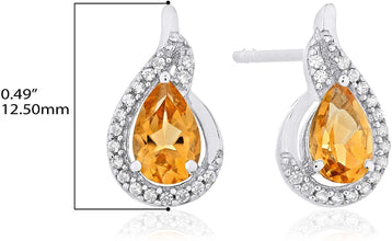 .925 Sterling Silver Pear-Shaped Birthstone & Lab Grown White Sapphire or CZ Teardrop Stud Earrings - Choice of Gem Color/Month