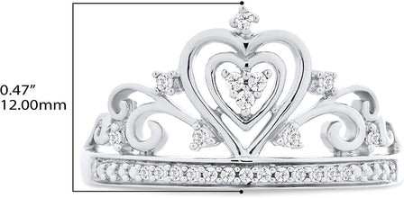 .925 Sterling Silver 1/10 Cttw Diamond Heart Crown Filigree Band Style Fashion Ring (I-J Color, I2-I3 Clarity)