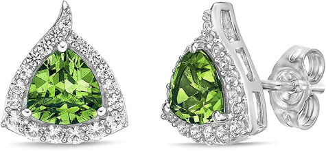 .925 Sterling Silver Trillion Cut Birthstone & Created White Sapphire Halo Stud Earrings - Choice of Birthstone/Month