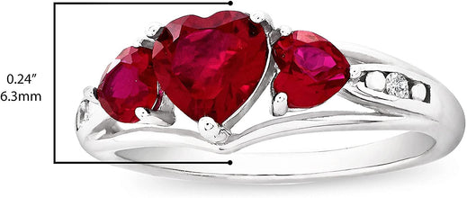 .925 Sterling Silver Heart Lab Grown Ruby Three Heart Ring - Size 7
