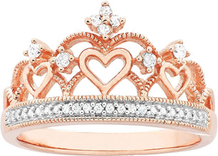 14K Rose Gold Plated .925 Sterling Silver 1/10 Cttw Diamond Heart Crown Ring (I-J Color, I2-I3 Clarity)
