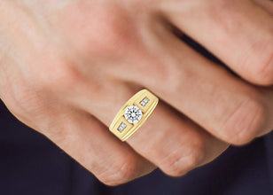 14K Yellow Gold-Plated on Silver Premium Cubic Zirconia Men's Ring
