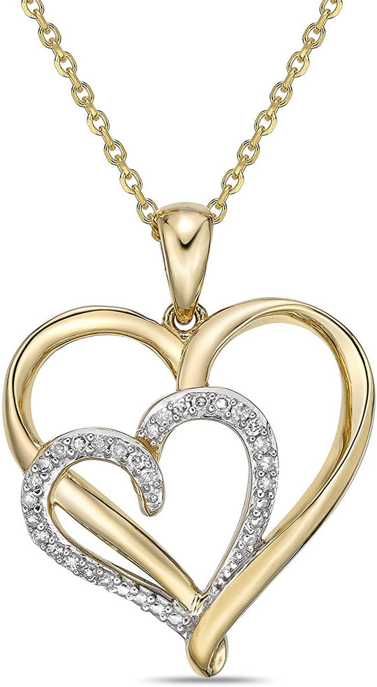 10K Yellow Gold 1/10 Cttw Diamond Two Overlapping Open Hearts Pendant Necklace with Cable Chain - 20” (H-I Color, I1-I2 Clarity)