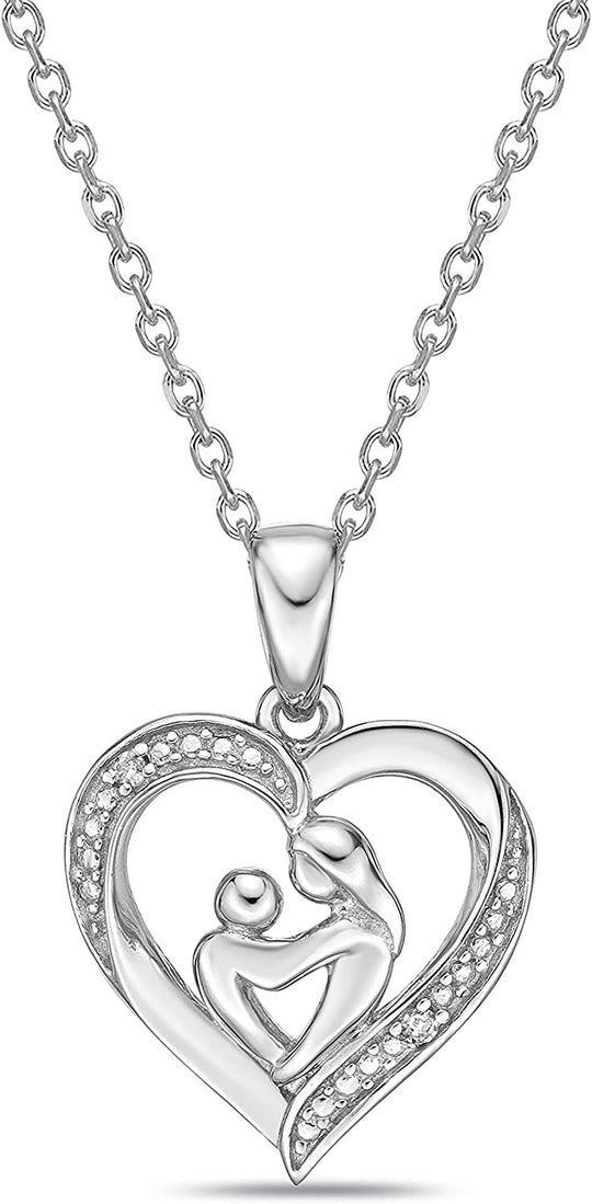 .925 Sterling Silver Diamond Accented Heart Shaped Mother & Child Pendant Necklace on 18" Cable Chain