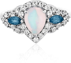 .925 Sterling Silver Pear Shape Lab Grown Opal, Marquise Blue Topaz, & Round Lab Grown White Sapphire Three Stone Ring
