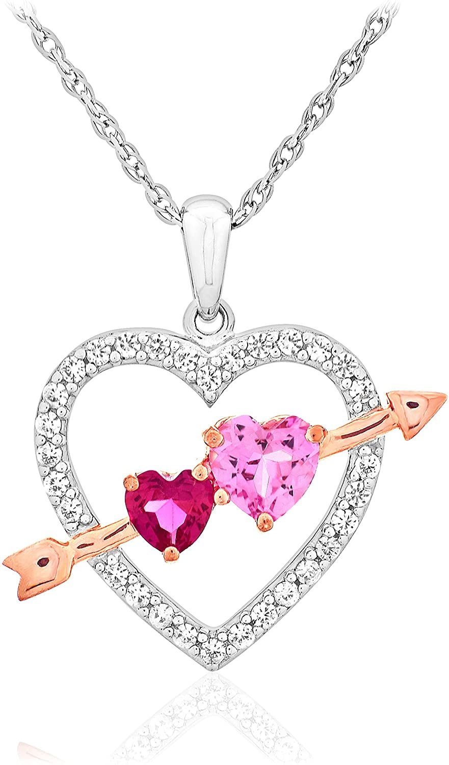 14K Rose Gold Plated .925 Sterling Silver Lab-Grown Pink and White Sapphire & Lab-Grown Ruby Open Heart Cupid's Arrow Pendant Necklace - 18”