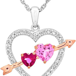 14K Rose Gold Plated .925 Sterling Silver Lab-Grown Pink and White Sapphire & Lab-Grown Ruby Open Heart Cupid's Arrow Pendant Necklace - 18”