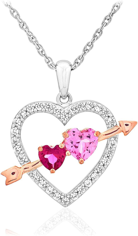 14K Rose Gold Plated .925 Sterling Silver Lab-Grown Pink and White Sapphire & Lab-Grown Ruby Open Heart Cupid's Arrow Pendant Necklace - 18”