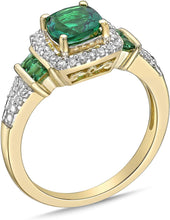 10K Yellow Gold, Cushion and Princess Cut Lab Created Gemstone & Lab Created White Sapphire Halo Fluted Engagement Ring - Choice of Color