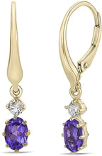 14K Yellow Gold Plated .925 Sterling Silver Oval Cut Birthstone & Created White Sapphire Leverback Dangle Earrings - Choice of Birthstone/Month