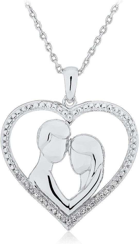 .925 Sterling Silver 1/10 Cttw Diamond Silhouetted Couple Heart with Message Pendant Necklace on 18" Cable Chain (I-J Color, I2-I3 Clarity)