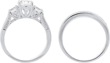 .925 Sterling Silver Round Lab-Grown White Sapphire Cathedral Style 3 Stone Engagement Ring and Eternity Wedding Band Bridal Set