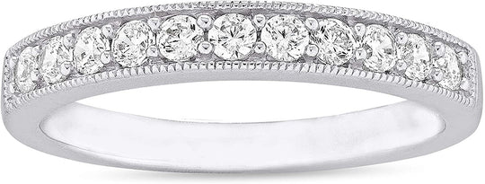 .925 Sterling Silver & Round Cubic Zirconia Half Eternity Milgrain Beaded Stackable Wedding Band Ring