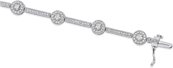 .925 Sterling Silver Cubic Zirconia Round Halo Station and Bar Alternating Link Tennis Bracelet - 7-1/4