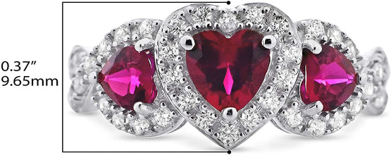 .925 Sterling Silver, Heart Cut Lab-Grown Ruby & Round Cubic Zirconia 3 Heart Split Shank Engagement or Anniversary Ring