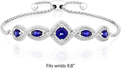 .925 Sterling Silver, 2.0 Cttw Cushion, Marquise & Pear Cut Lab Grown Blue Sapphire & Lab Grown White Sapphire Halo Twist Bolo Bracelet - 6” - 9-3/4”