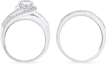.925 Sterling Silver Round Cubic Zirconia Swirled Twisted Style Engagement Ring & Wedding Band 2-piece Bridal Set