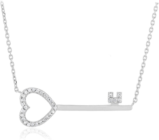 .925 Sterling Silver 1/10 Cttw Diamond Accented Heart-Shaped Key Pendant Necklace with 18" Chain (I-J Color, I2-I3 Clarity)