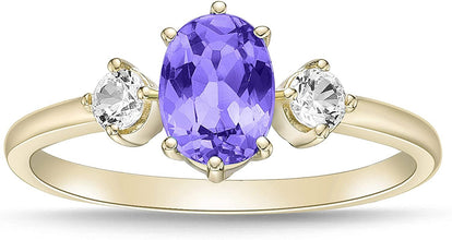 14K Yellow Gold Plated .925 Sterling Silver Oval Cut Birthstone & Created White Sapphire Three Stone Engagement Ring - Choice of Birthstone/Month