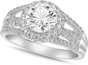 .925 Sterling Silver Round Brilliant Cubic Zirconia Halo Style Wide Three Part Split Shank Engagement Ring