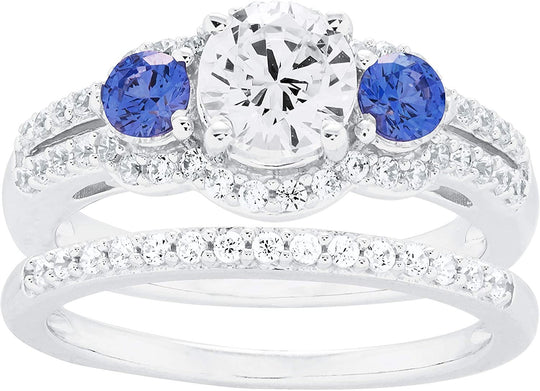 .925 Sterling Silver White Cubic Zirconia & Swarovski Fancy Blue Cubic Zirconia Bridal Rings Set
