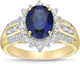 10K Yellow Gold, Lab Created Oval Gemstone & Lab Created White Sapphire Starburst Halo Fluted Cathedral Style Engagement Ring - Choice of Color