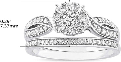 .925 Sterling Silver 1/2 Cttw Diamond Cluster Crossover Flared Engagement Ring & Straight Wedding Band Bridal Set (H-I Color, I1-I2 Clarity)