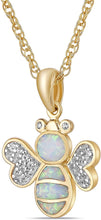 14K Yellow Gold Plated .925 Sterling Silver, Lab Grown White Opal Inlay & Lab Grown White Sapphire Bumble Bee Pendant Necklace with 20