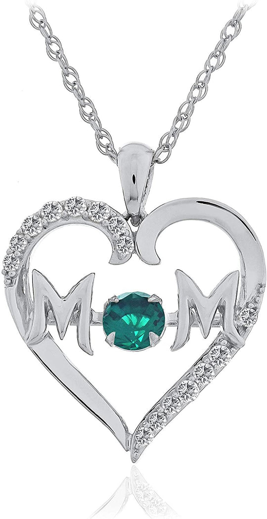 .925 Sterling Silver Dancing Gemstone 'Mom' Heart Pendant Necklace with Lab Grown White Sapphires on 18" Rope Chain